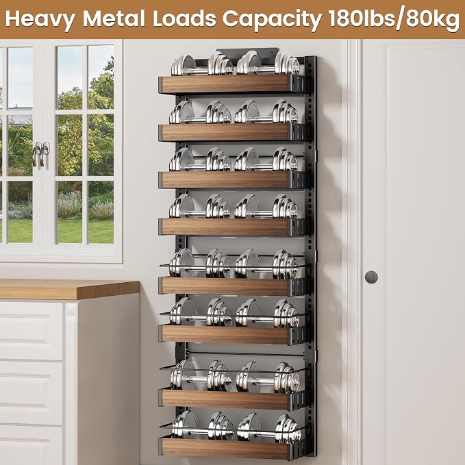 POKIPO 8 Tier Over The Door Pantry Organizer, 2 IN 1 Wall Mount or Hanging Spice Rack Seasoning Shelves with Adjustable Basket, Back of Door Organizer and Storage for Kitchen Cabinet and Room Closet