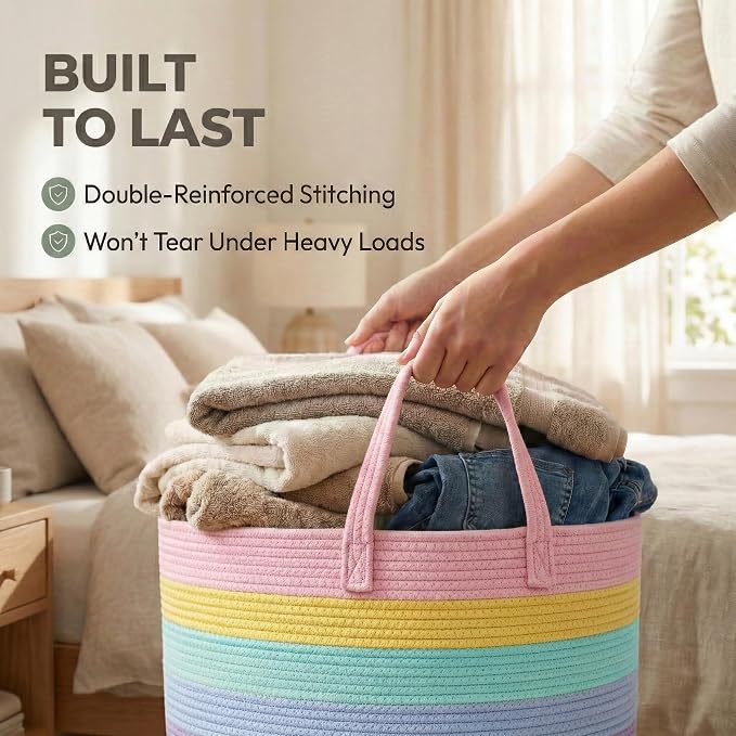 JMvicyroam 65L Extra Large Machine Washable Cotton Rope Blanket Basket | Collapsible laundry hamper, Reinforced handles, For blankets, pillows, toys and clothes, Living room and bedroom, Rainbow