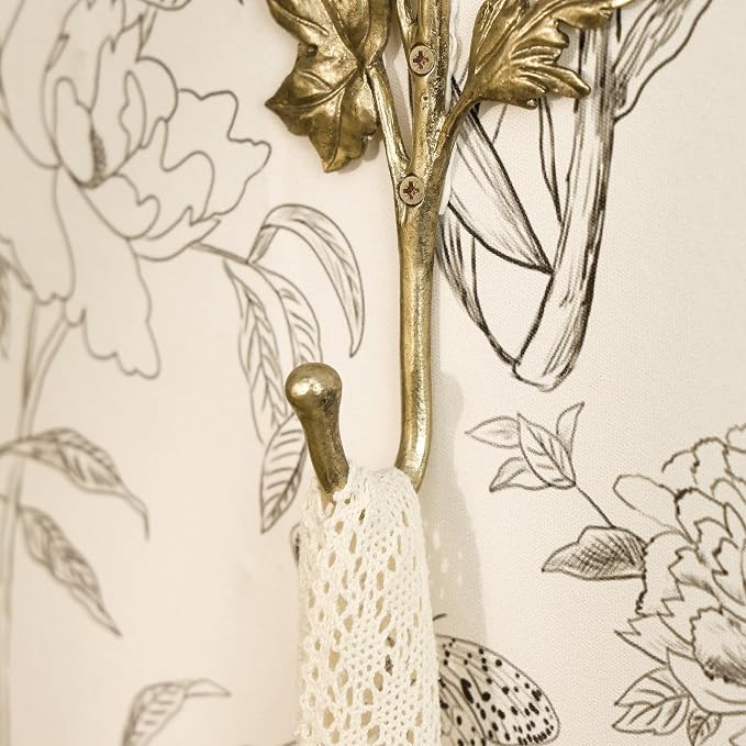 SOFFEE DESIGN 2pcs Metal Gold Coat Hooks with 3D Flowers & Buds Shape, for Entryway, Bathroom, Bedroom Home Decoration