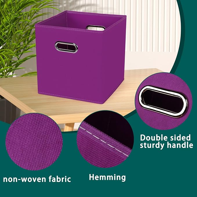Black Foldable Storage Cubes Bins, Fabric Storage Box Cubes Organizer Baskets with Dual Handles for Home Organizer,Set of 6,(Purple)