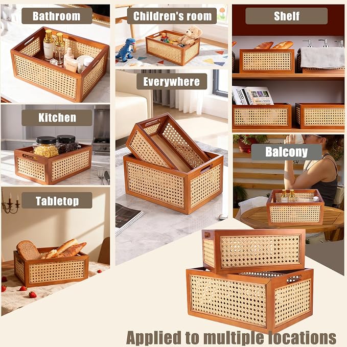 Rattan Storage Baskets Set, Wooden Frame with Woven Cane Design, Nesting Organizer Bins for Living room Bedroom Bathroom Kitchen Shelf, Set of 2