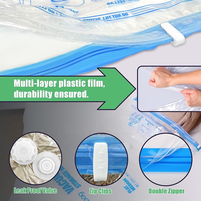 15 Jumbo Vacuum Storage Bags for Bedding, Vacuum Seal Bags for Clothing | Extra Large XL, Airtight Triple Seal, Save 80% Space, Hand Pump, Work with Vacuum, Double Zip, Reusable, Easy to Use