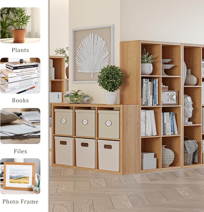 VDNEND Cube Storage Organizer Bookcase, Decorative 11 inch Open Back Cubical Shelf with Thickened Border, Display Bookshelf for Living Room, Home Office, Sturdy Room (Natural Oak, 6 Cube)