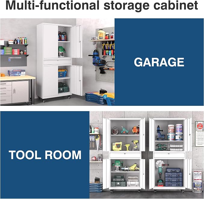White Metal Storage Cabinet with Wheels, 73" Tall Garage Rolling Storage Cabinets with Doors and Shelves, Lockable Tool Caninet Steel Locking Cabnets for Home Office, Garage, Pantry