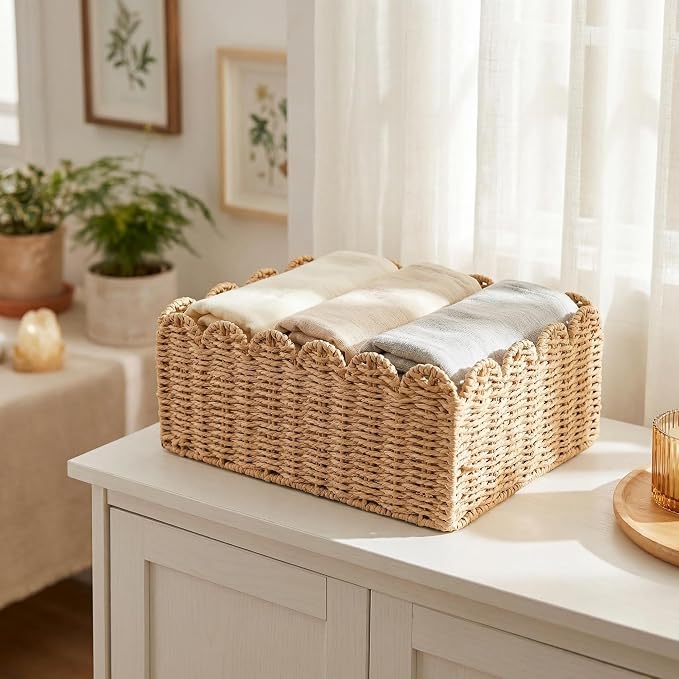 Scalloped Basket, Paper Rope Wicker Storage Baskets 14" L x 10.5" W x 5.9" H, Hand Woven Baskets for Shelves, Rattan Organizing Baskets for Living Room, Bedroom, Table, Bookcase, Shelf (Large)