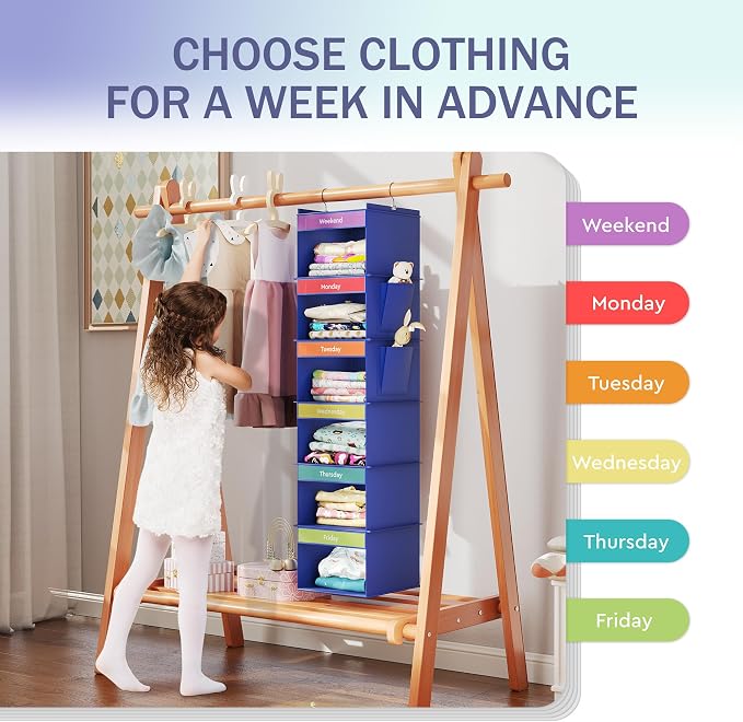 YOUDENOVA Weekly Clothes Organizer for Kids, Hanging Closet Organizer, Blue | Days of the Week Clothes Organizer, Reinforced Bamboo Slats, Kids' School Outfit Planning, Breathable Fabric, 2 Side Pockets