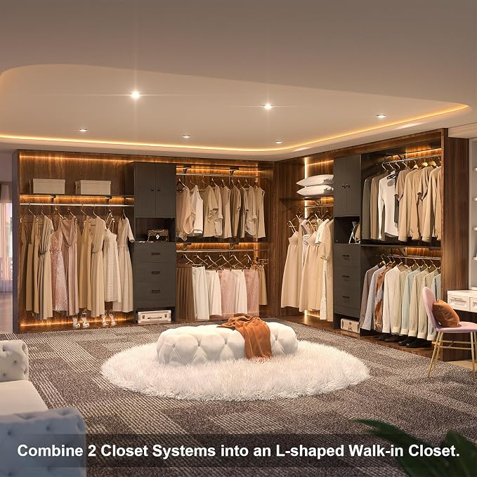 120 Inches Closet System With Doors, 10FT Walk In Closet Organizer with 3 Shelving Towers, Heavy Duty Clothes Rack with 3 Drawers, Built-In Garment Rack, Max Load 1300 LBS, Black