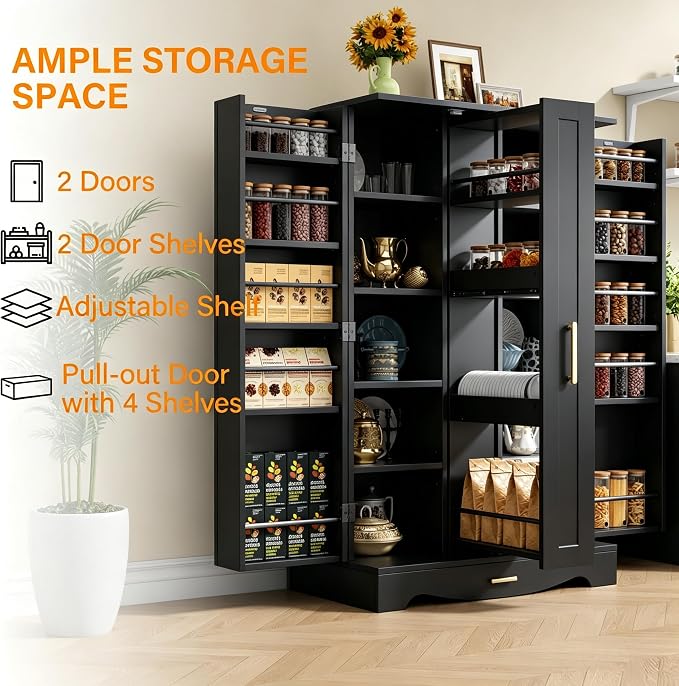 kepptory 47“ Black Kitchen Pantry Cabinet with 3 Doors, Adjustable Shelves, | Pull-Out Side Spice Racks, Freestanding Food Storage Cupboard for Kitchen, Dining Room, Living Room