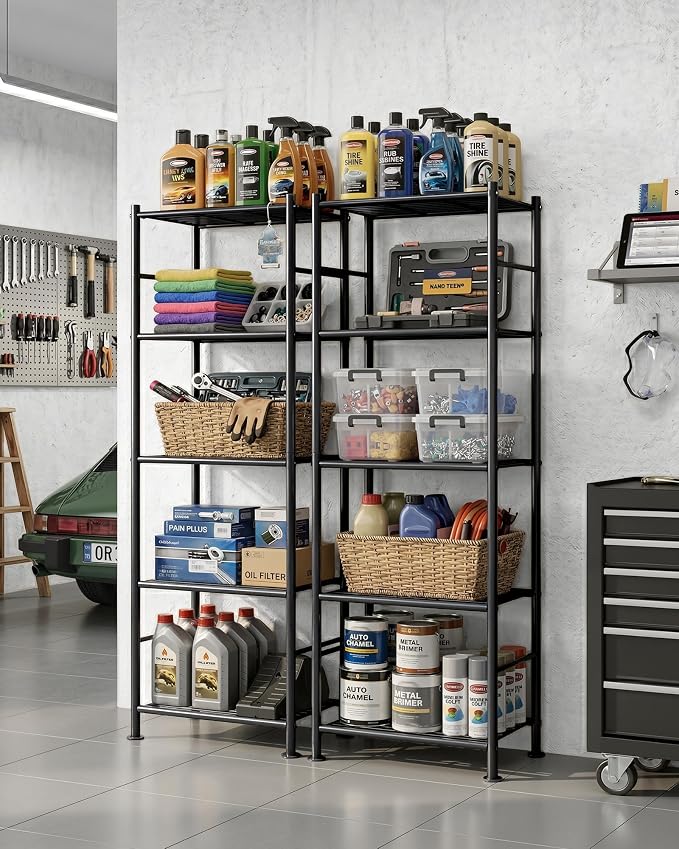Sakugi Storage Shelves - Set of 2, 5-Tier Metal Shelf Organizer, Space-Saving Garage Shelving with Leveling Feet, Standing Shelves Organizer for Kitchen, Laundry, Pantry (18.4" x 12.6" x 57.4", Black)