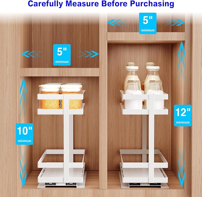 Mustorn 2 Pack Pull Out Spice Rack Organizer for Cabinet, 2 Tier Metal Slide Out Seasoning Organizer and Storage Heavy Duty Vertical Spice Rack Shelf Pullout for Kitchen Cabinets No Drilling (White)