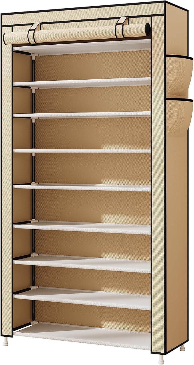 Laiensia 9-Tier Shoe Rack ,Space Saving Shoe Storage Organizer Non-Woven Cover Shoe Shelf Holds 36-45 Pairs for Bedroom, Hallway, Entryway, Beige