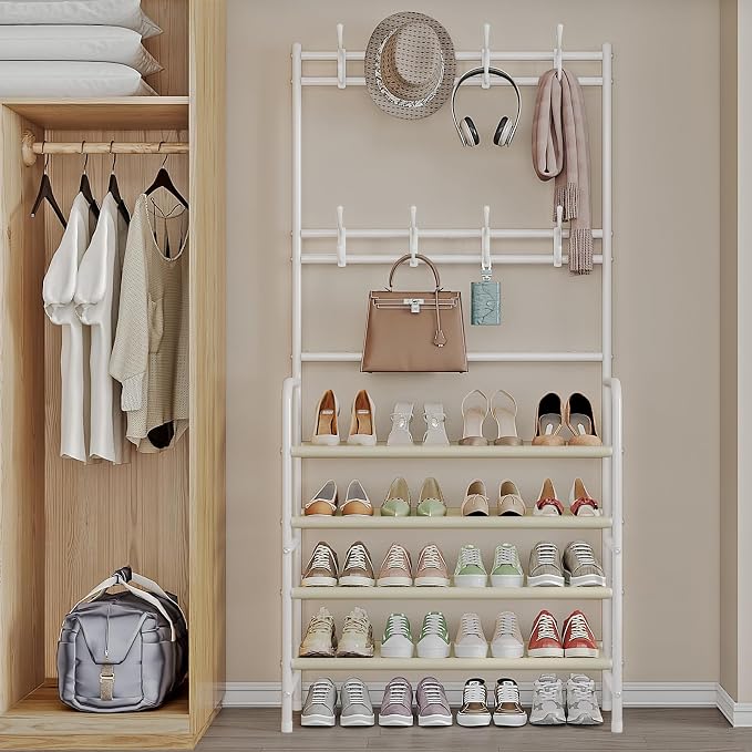 Coat Rack Shoe Rack With Storage Hooks Standing Organizer 4 Tier | Metal Freestanding Hall Tree for Clothes Hats bag Scarves Space Saving Design for Entryway Bedroom living Closet Office,White