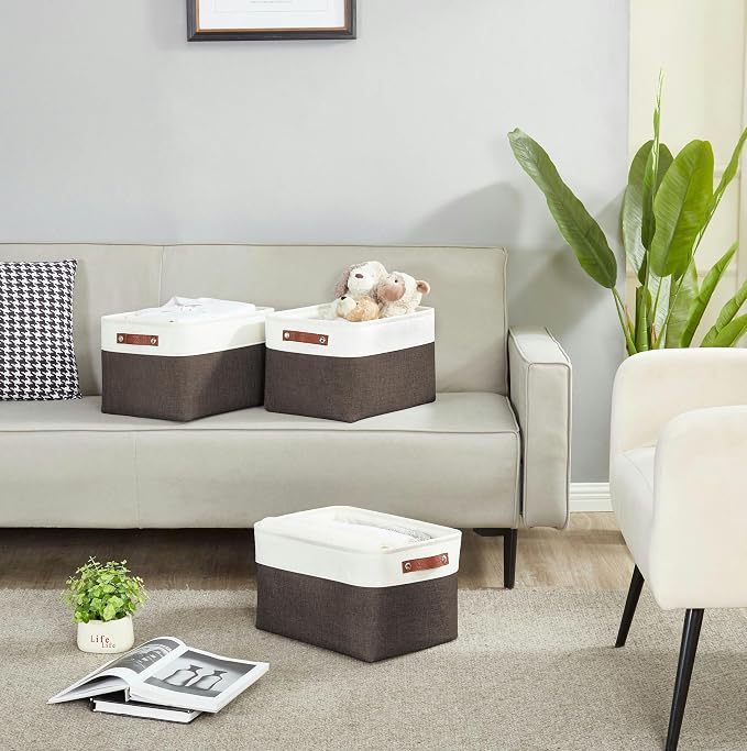 DECOMOMO Storage Bins, Large Fabric Storage Baskets for Shelves 4 Pack | 15 x 11 x 9.5 inches Decorative Linen Closet Organizers (Brown & White)