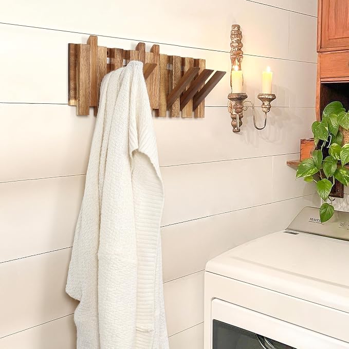 Wall Coat Rack for Entryway: Folding Wood Rustic 8 Hooks | 16.5inch Piano Hanger for Small Space Bathroom Hallway for Towel Backpack Jacket - Farmhouse Design Decor (Staggered Style)