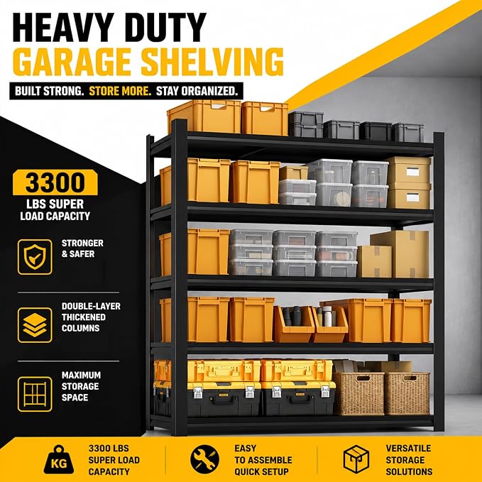 Garage Shelving, 3300 LBS Storage Shelves with Side Guard | 5-Tier Garage Storage Shelves,Adjustable Industrial Shelves with Thickened Double-Layer Posts for Garage 44×28×14in
