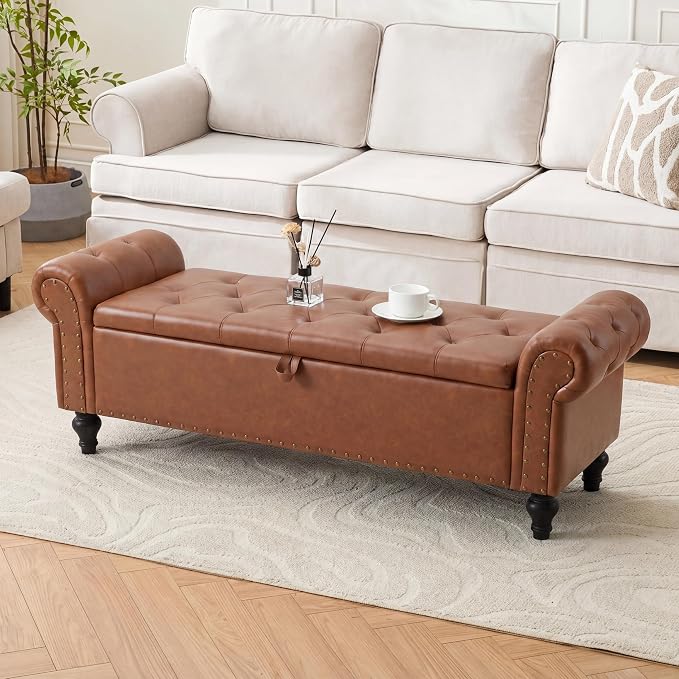 55" Storage Bench for Bedroom, Upholstered Ottoman Bench, Leather Brown | End of Bed Bench for Bedroom, Window Benches for Living Room, Entryway, Ottoman with Large Storage Space, Pet Friendly