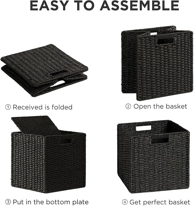 UBBCARE 2 Pack Wicker Basket, 11L×11H×10.5W inch Woven Paper Rope Storage Baskets for Shelves, Foldable Cube Storage bin with Handle, Storage Basket for Organizing & Decor, Black