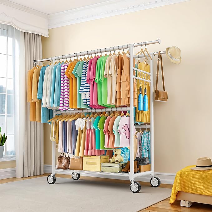 Heavy Duty Clothes Rack Load 1060LBS, Four Rods Rolling Clothing Racks for Hanging Clothes, Rolling Garment Rack With Sturdy Wheels Shelves Hooks, Portable & Adjustable Commercial Garment Rack, White