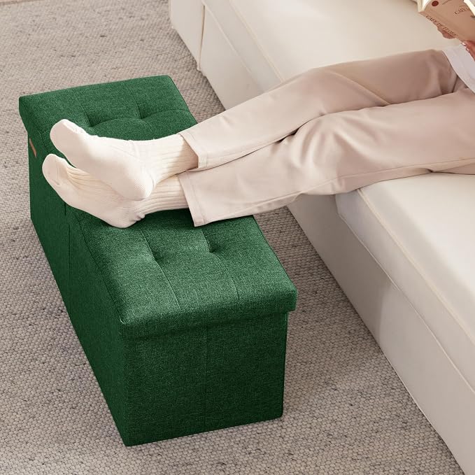 HAUSFRAU Ottoman with Storage Bench Folding Foot Rest Stool Linen Green | 31.5", Flip Lid, Small Upholstered Foldable Footrest Footstool, Bedroom Bench, Living Room Dorm Ottoman, Rectangle