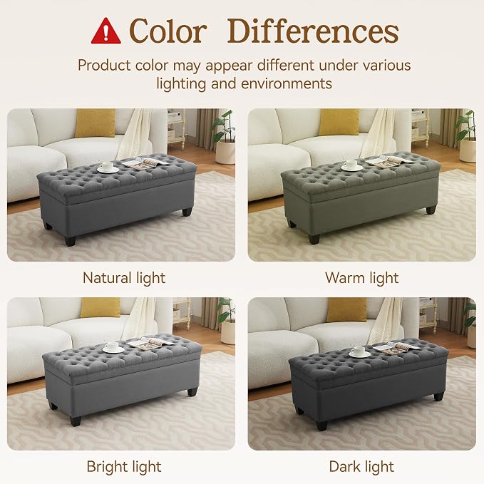 WUTUTUEE 51" Fabric Storage Ottoman Bench, Upholstered Rectangle End of Bed Storage Ottoman Tufted Living Room Bedroom Bench with Safety Hinge, Solid Wood Legs, Loads 500 lb(Dark Grey)
