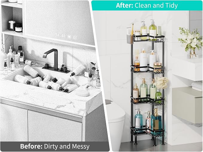 HapiRm Standing Shower Caddy Corner - 4 Tier Corner Shower Organizer with Toothbrush Holder and 16 Hooks, Large Capacity Rustproof Bathroom Shelves for Tall Bottles, Black