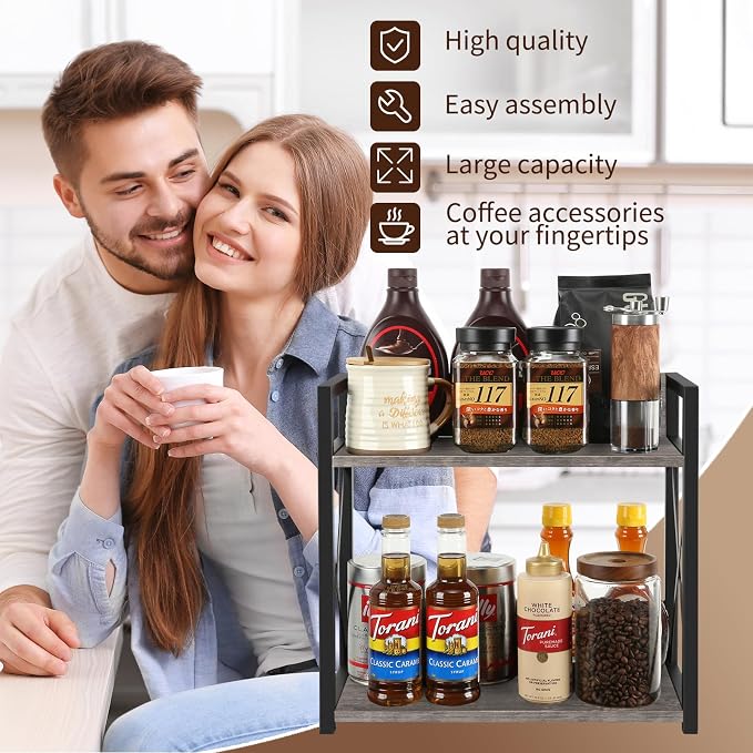 YINMIT Countertop Shelf Organizer,Coffee Bar Accessories,Spice Rack,Coffee Counter Shelf,2 Tier Coffee Organizer Station for Mugs,Cups,Cream,Syrup(Rustic Grey, Large)