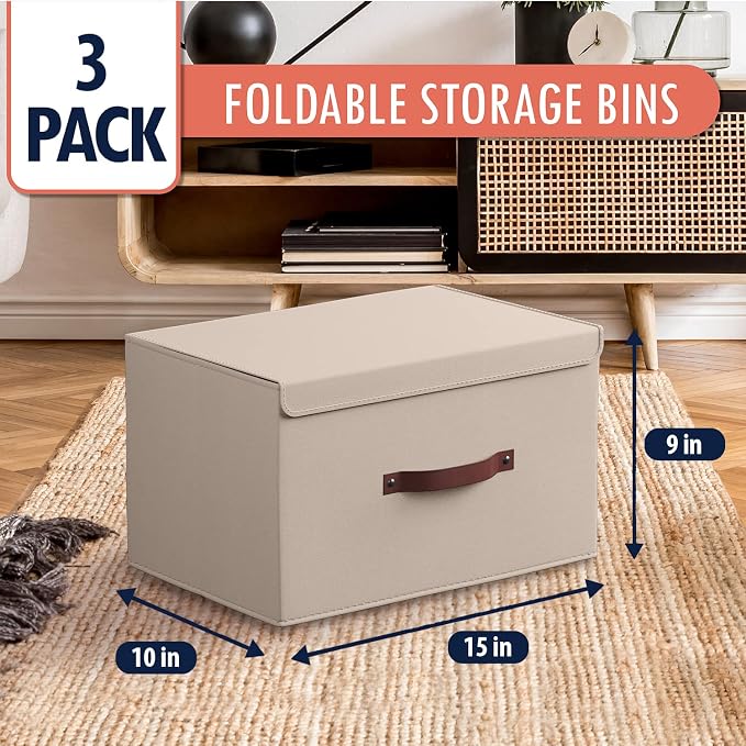Ornavo Home 3 Pack Collapsible Storage Bins with Lid, 15x10x9, Beige | Foldable Linen Fabric; Faux Leather Handles; Ideal Closet Organizer & Large Storage Box for Clothes and Shelves