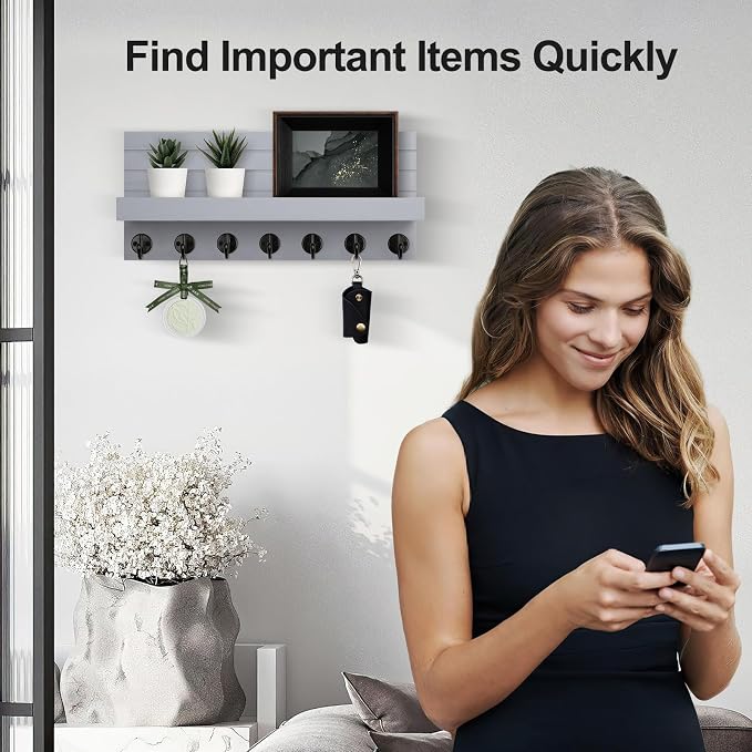 Lwenki Key Holder Wall Mount, Entryway Key and Mail Holder with 7 Sturdy Hooks for Sunglasses, Dog Leash, Decorative Wall Shelf with Mounting Hardware, 15”W x 6.7”H x 4.2”D (Gray)