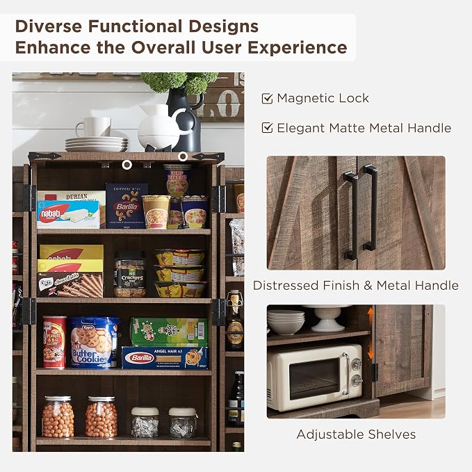 47" Tall Wooden Pantry Storage Cabinet with Door Shelves | Farmhouse, Barn Doors, Adjustable Shelves, Freestanding, Anti-tip Kit, for Kitchen, Dining Room, Living Room