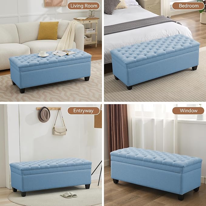 WUTUTUEE 51" Fabric Storage Ottoman Bench, Upholstered Rectangle End of Bed Storage Ottoman Tufted Living Room Bedroom Bench with Safety Hinge, Solid Wood Legs, Loads 500 lb(Light Blue)
