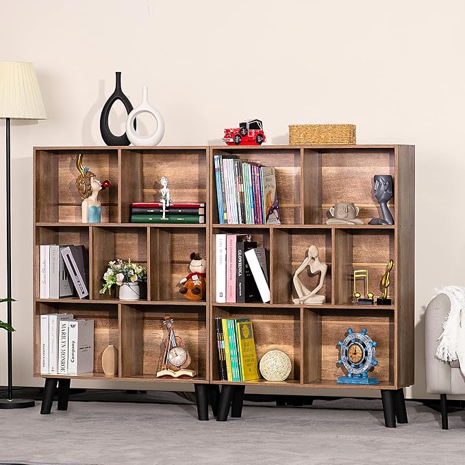 LEYAOYAO Cube Bookshelf, Mid-Century Modern Book Shelf with Legs, Oak | 3 Tier Bookcase, Rustic Wood Bookshelves Freestanding Small Storage Organizer, Open Shelves for Bedroom, Living Room, Office