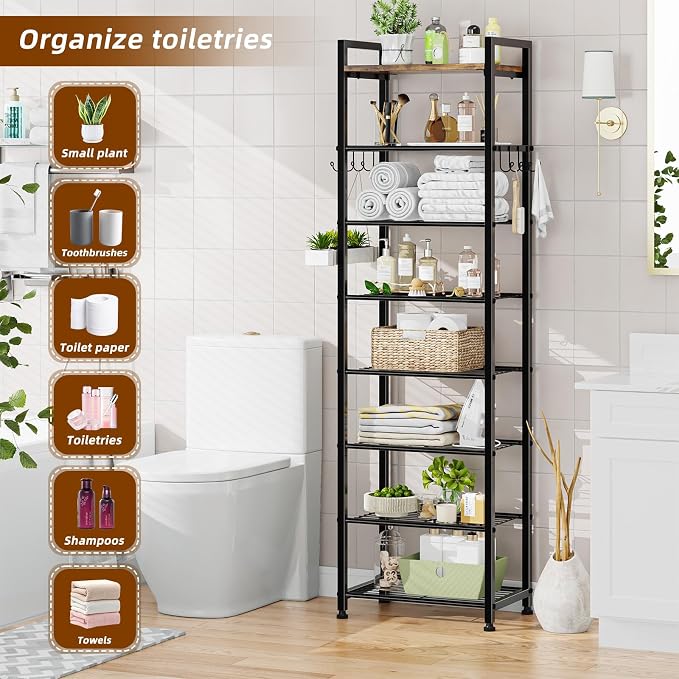 Simple Trending 8 Tiers Shoe Rack 16 Pairs Tall Wooden Plank Shoe Shelf with Hooks for Closet Entryway Organizer Sturdy Free Standing Shoe Storage Cabinet,Black