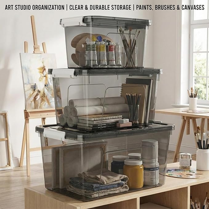Plastic Storage Bins with Lids, 3 Pack Mixed Sizes (22 Qt, 16 Qt, 7 Qt) Clear Black Stackable Organizer Boxes with Latches for Closet, Pantry, Garage, Bathroom, Office