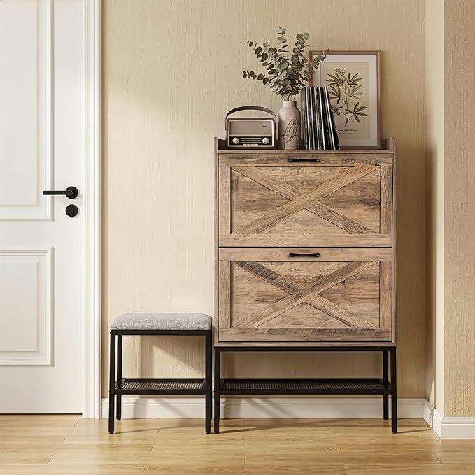 Karl home Grey Farmhouse Shoe Cabinet, Cushioned Entryway Bench Organizer | Space-Saving Freestanding Shoe Rack Organizer, Versatile Storage Furniture Suitable for Entryway and Living Room