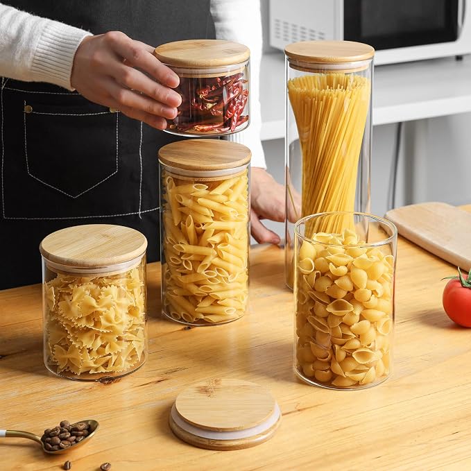 ComSaf Pasta Containers Storage 2 Qt, Spaghetti Container, 3 Pack Glass Jar | 11.3-inch Tall Glass Canisters, Glass Storage Containers wtih Lids 70oz, Noodles, Cereal, Kitchen Dry Food Storage, BPA Free