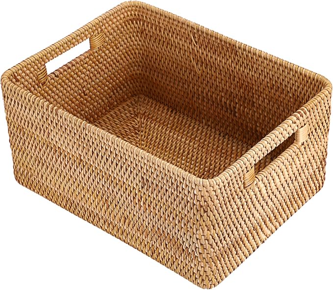 Hipiwe Rattan Wicker Storage Basket for Shelf Organizer, Large 15"x11"x7.1" | Handwoven Decorative Basket Bin with Build-in Handles, Natural Rectanguar Wardrobe Home Organizer