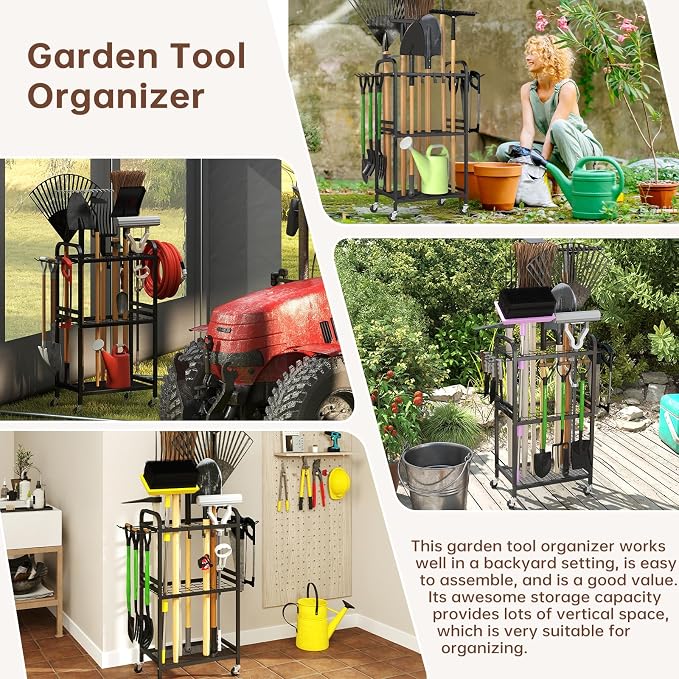 Hadulcet Garden Tool Organizer, Metal Garage Organization and Storage with Lockable Wheels, Garden Tool Rack with Storage Hooks, Heavy Duty Yard Tool Organizer for Garage, Shed, Lawn, Outdoor, Black
