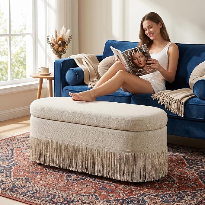 39.4“ Boho Storage Ottoman Bench with Tassels,Upholstered End of Bed Bench | Linen Oval Ottoman with Storage, Entryway Foot Rest for Bedroom, Lift-Top Lid with Safety Hinge, Living Room, Beige