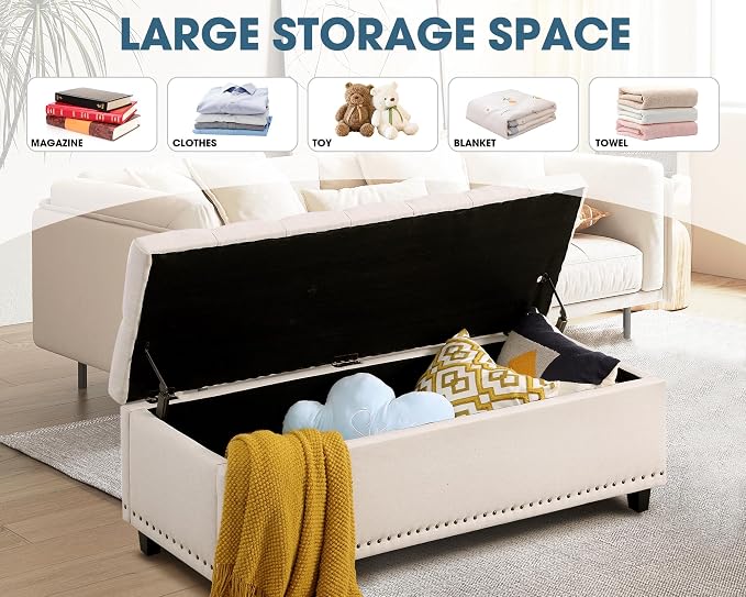 Grepatio 51" Ottoman Storage Benches, 30 Gallons End of Bed Storage Bench, Large Rectangular Ottoman, Button-Tufted Ottoman with Storage for Living Room Bedroom, Foot of Bed (Beige)