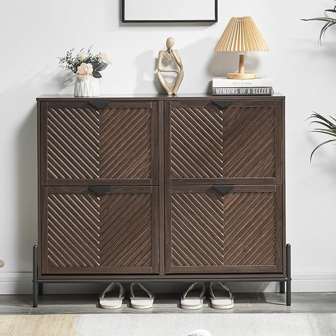 Shoe Cabinet with 4 Flip Drawers, Narrow Entryway Rack, Brown | Slanted Wood Grain, Freestanding, Adjustable Compartments, Removable Middle Shelf, Metal Handles, for Hallway Foyer Entrance