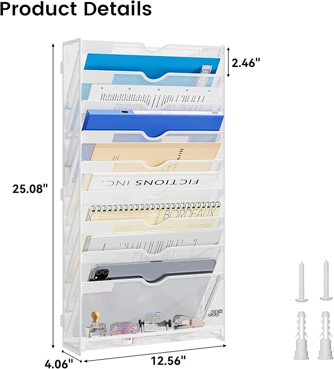 10-Tier Wall Mounted File Organizer, Metal Mesh Paper Holder (White)