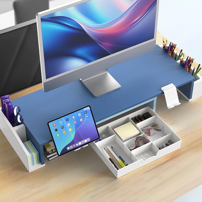 Simple Houseware Desk Dual Monitor Stand Riser with Drawer, Blue | Customizable Organizer Tray, Built-In Phone & Tablet Slot and Side Storage