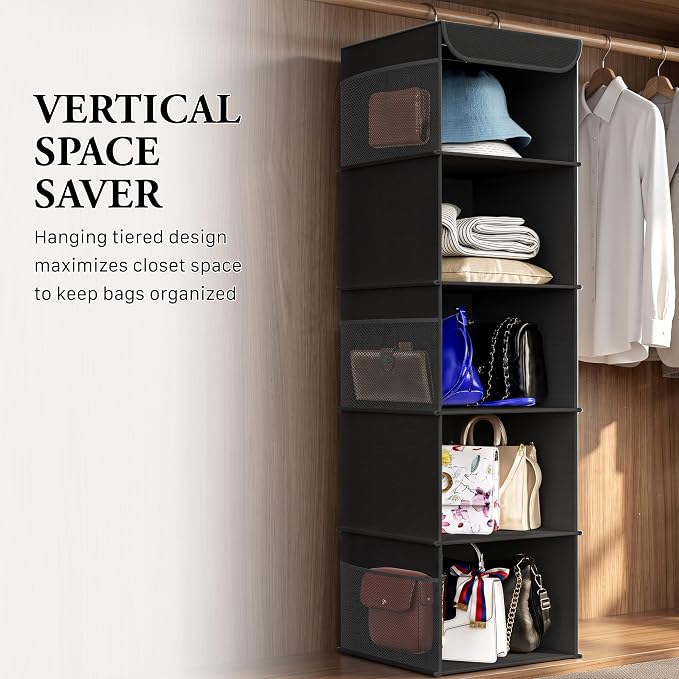 Simple Houseware 5 Shelf Hanging Closet Organizer, Black | 360° Rotating Dual Hooks, Top Support Metal Frame, 6 Side Mesh Pockets