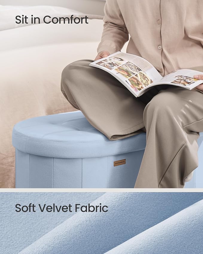SONGMICS MINOTA Collection - Folding Ottoman with Storage, Oval Storage Ottoman Bench, for Living Room, Bedroom, Velvet Fabric, 15 x 43.3 x 15 Inches, Baby Blue ULSF297QQ01