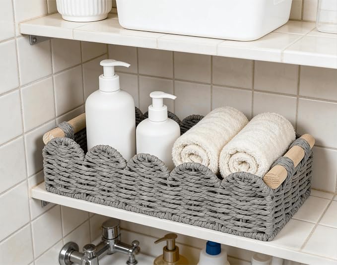 CubesLand Toilet Paper Storage Basket Organizer, Small Wicker Decor Basket | Toilet Tank Top Decorative Basket for Countertop, Handwoven Scalloped Basket W/Handle for Home Decor Living Room, Grey