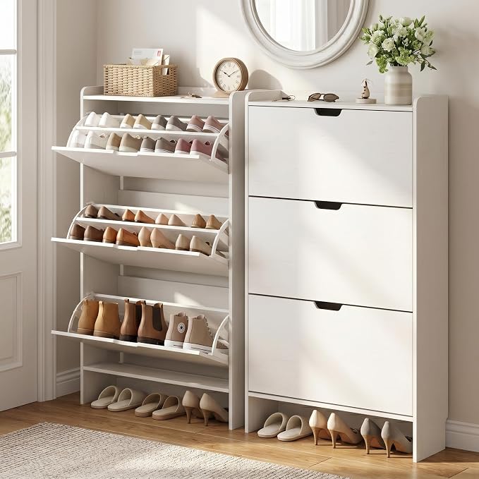 White Slim Shoe Cabinet with 3 Flip Drawers, 52" Tall Narrow Shoe Storage Cabinet for Entryway, Hidden Shoe Organizer Cabinet