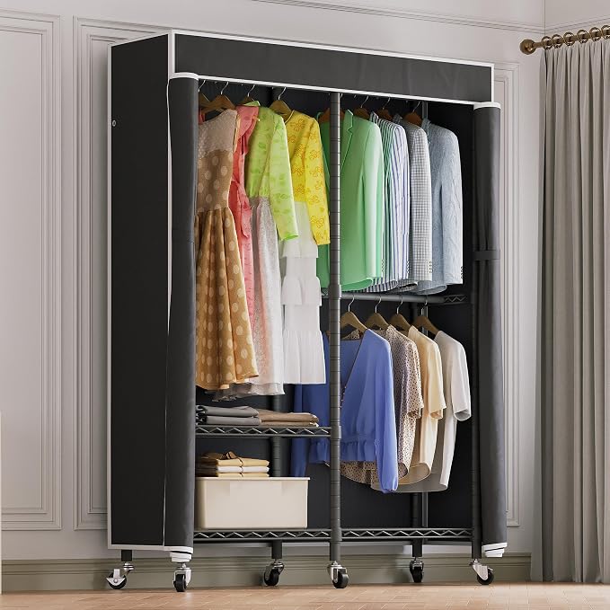 Higeego H9 Garment Rack with Cover, Heavy Duty Clothing Rack for Hanging Clothes, Portable Closet with wheels, Wardrobe Closet with Adjustable Shelves, Black Rack Shelf with Black Fabric Cover
