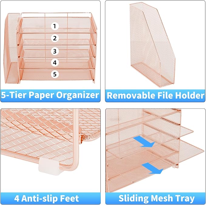 OPNICE Desk Organizer, 5-Tier Paper Organizer Letter Tray with Magazine Holder, Office Desk Accessories & Workspace Organizers, Desktop File Organizer for Office Supplies Storage, Rose Gold