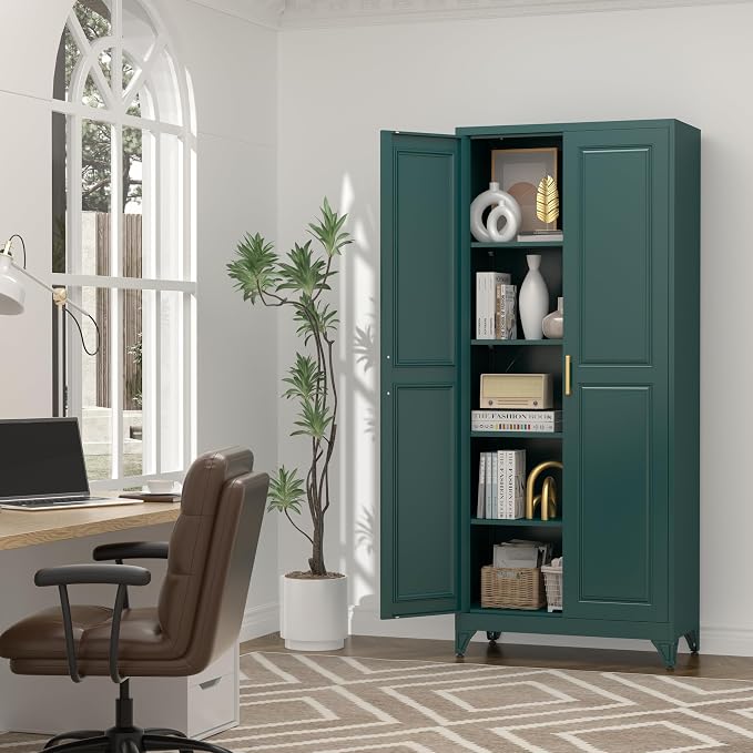 UNICOLY 75" Kitchen Pantry Cabinet, Metal Tall Storage Cabinet with Doors | Kitchen Storage Cabinets with 4 Shelves,Pantry Storage for Kitchens, Living Room, Dinning Room, Assembly Required, Green