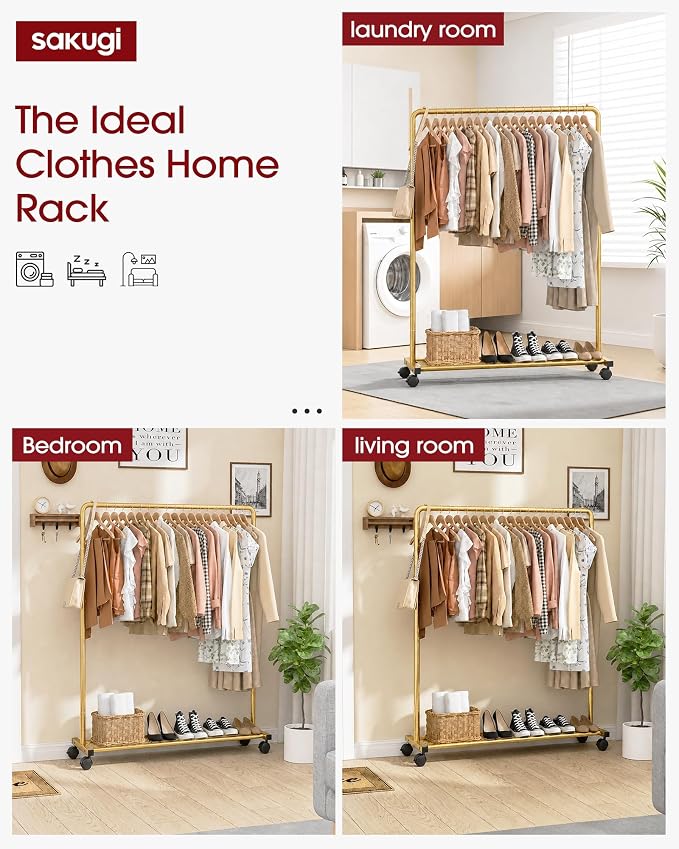 Sakugi Clothes Rack - Clothing Rack with Storage Mesh Shelf & Casters, Heavy-Duty Metal Clothing Rack for Hanging Clothes, Dresses, Coats, Large Load Capacity, Easy Assembly, Gold, 44.3"x16.9"x59.0"